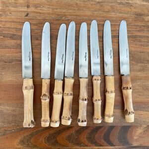 8 Vintage Bamboo Handle Stainless Steel Butter Knives - Made in Japan